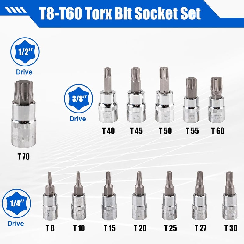 Gickbusus طقم مفاتيح توركس مكون من 13 قطعة، مجموعة رؤوس نجمة T8-T60 مع محركات 1/4"، 3/8"، 1/2"، مصنوعة من فولاذ S2 وCR-V، مصممة لإصلاح السيارات والأثاث والمعدات - Image 2
